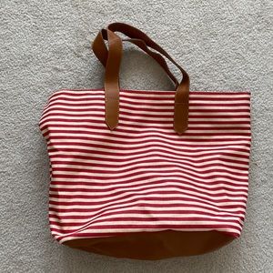 Red and cream striped canvas tote bag